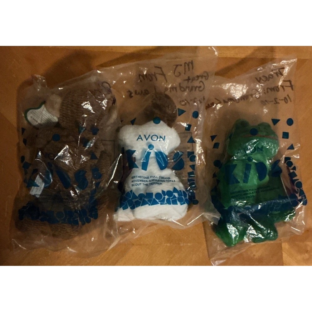 Plush Avon Full O' Beans Lot of 3 Coconut Monkey, Scout Terrier And Tad Frog New